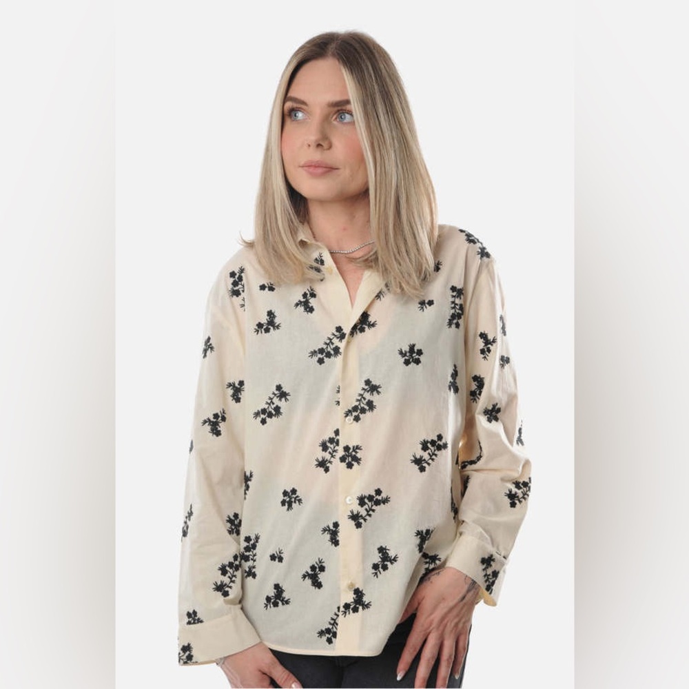 Caron Callahan Cream Button-Up Blouse with Black Floral Print